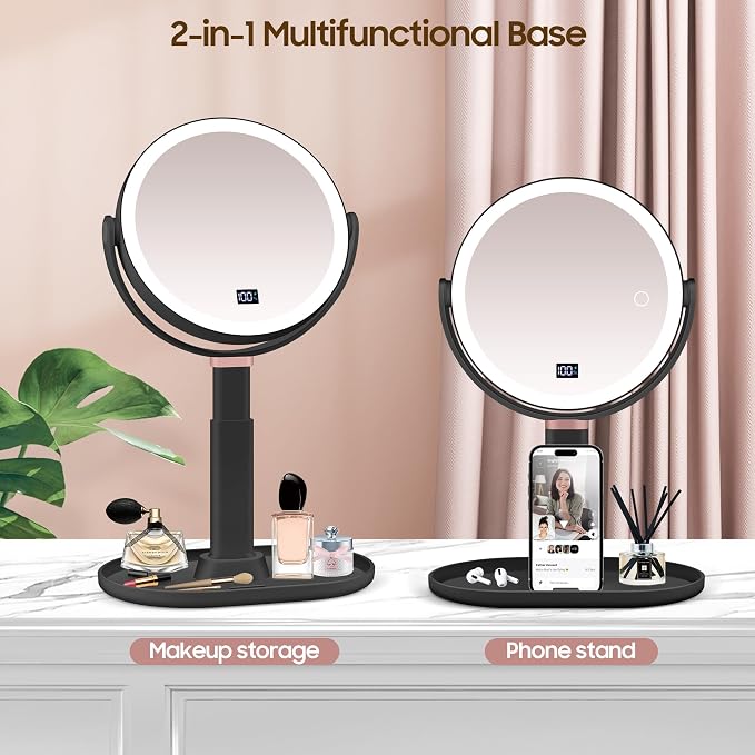 Makeup Magnifying Mirror with Light 30X/1X, Digital Display, 2-Sided Touch Control, Makeup Mirror with 3 Color Lights,360° Rotate, Height Adjustable Lighted Magnifying Mirrors for Desk Travel