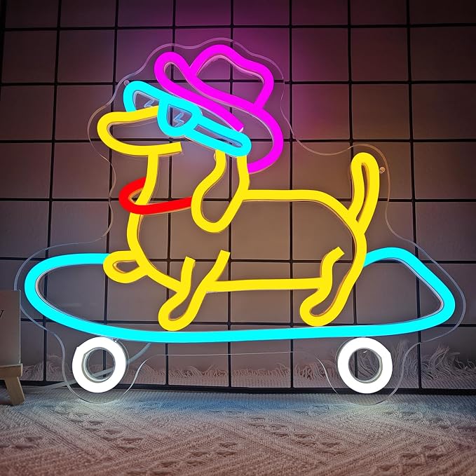 Skateboard Dog Neon Sign Dog Neon Lights for Wall Decor Dimmable Animal Led Signs for Bedroom Cool Dachshund Neon Light Sign Decoration for Pet Shop Party Bar