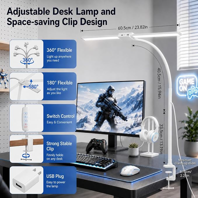 Desk Lamps for Home Office, Computer Light Bar, Double Head, White | Eye-Care Architect Light with Clamp, 3 Color Modes 10 Brightness, Adjustable for Reading, Study, Workbench