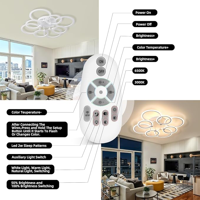 LED Ceiling Light, 8-Ring Modern Flush Mount Fixture, 145W Dimmable 3000K–6500K, White Ceiling Light with Remote for Living Room Bedroom Kitchen (35.4")