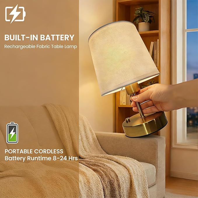 Gold Portable Cordless Table Lamp, Rechargeable Bedside Lamp, Mini | 3000mAh battery, touch stepless dimming, 2700K warm light, fabric shade and USB-C charging for bedroom, nightstand and desk.