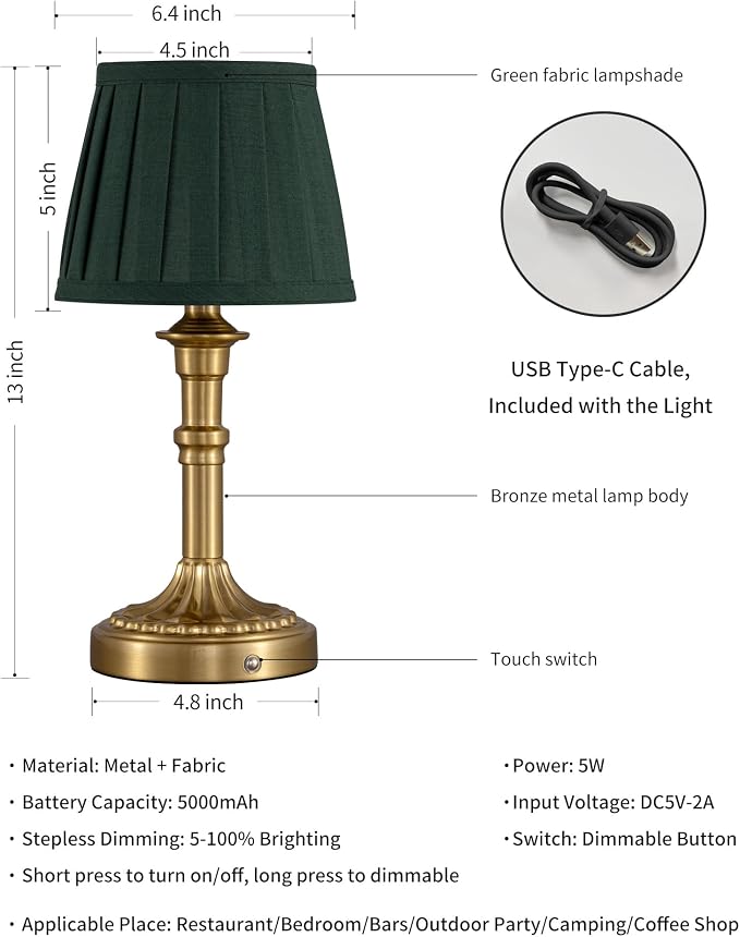 KDG Gold Cordless Table Lamps Set of 2, Green Fabric Shade Small Desk Lamp | Portables 4000mAh Battery Powered, LED Lighting, 2700K Stepless Dimmable, Light for Living Room, Dining Room, Bedroom