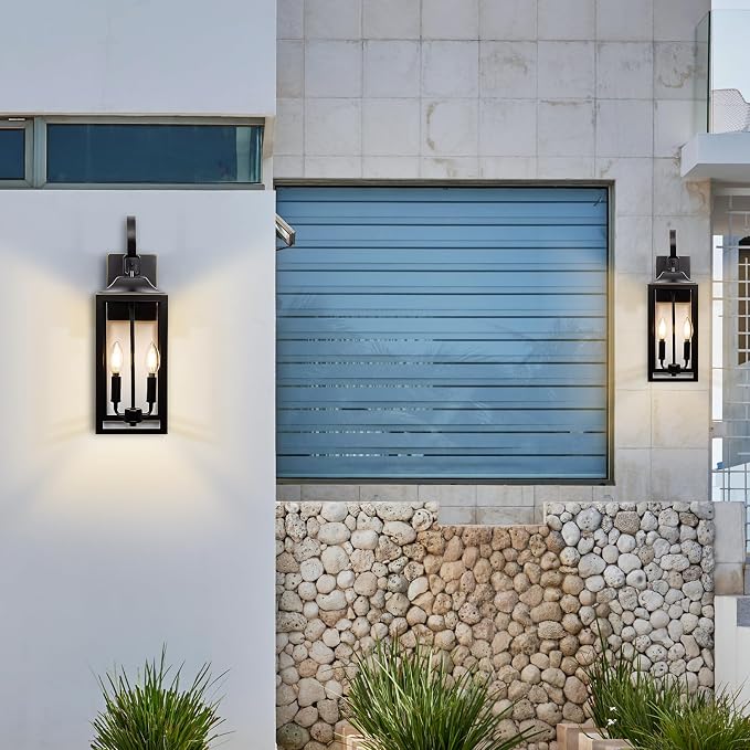 19" Large Outdoor Wall Lights Modern Front Porch Lantern Wall Mount 2-Light | Waterproof Classic Outdoor Light Fixture with Clear Glass, Farmhouse Exterior Lights for House, Black with Gold Trim, 1-Pack