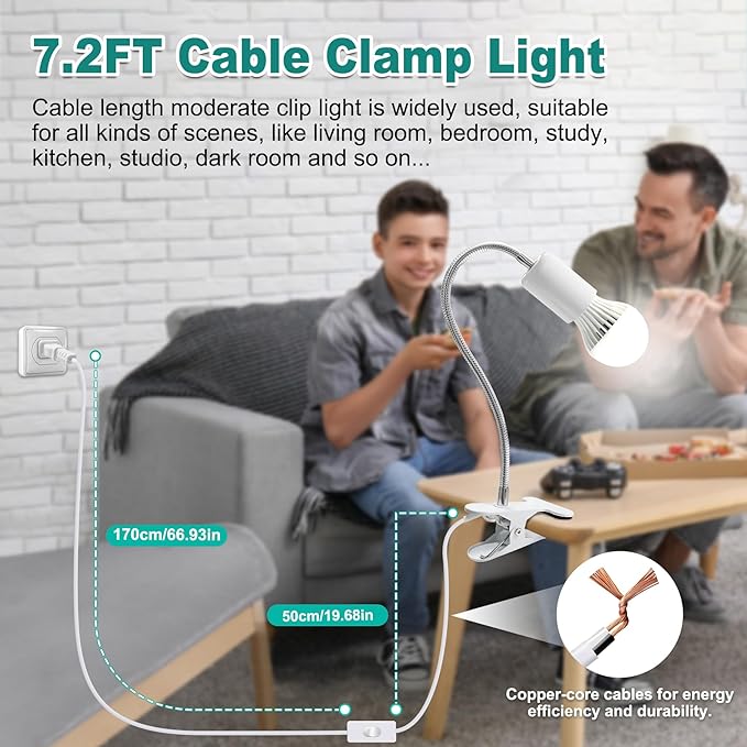 Desk Clip Lamp Holder, Clip on Light with Metal Clip Base,360° Flexible E26/E27 Book Clamp Light Fixture with 7.2 FT Cable, 9MM&350MM Thickened Lengthened Gooseneck Clamp Light Socket, for Study Work