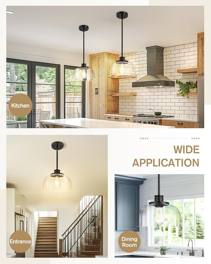 Emak Modern Pendant Lights Kitchen Island, Black Pendant Light with 10 Inch Clear Glass Shade, Farmhouse Hanging Light Fixture for Kitchen Island, Dining Room, Bathroom, Bar, PL131-BK-CG
