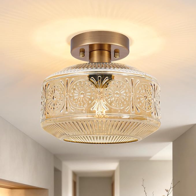 Semi Flush Mount Ceiling Light, Vintage Small Ceiling Light Fixture, Thickened Glass Hallway Lighting Fixture, Brass Kitchen Ceiling Mount Lighting with Amber Glass for Bedroom, Bathroom, Porch