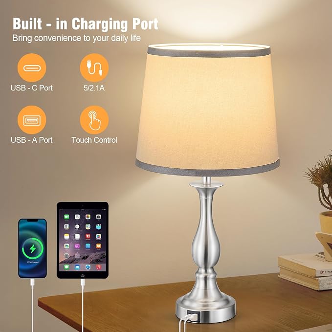 Bedside Table Lamp Touch Control Bedroom Lamps with USB A + C Charging Port 3 Way Dimmable Touch Lamps for Nightstand Living Room Bedroom Dorm Home Office Reading, Set of 2 (Grey Shade & Nickel Base)