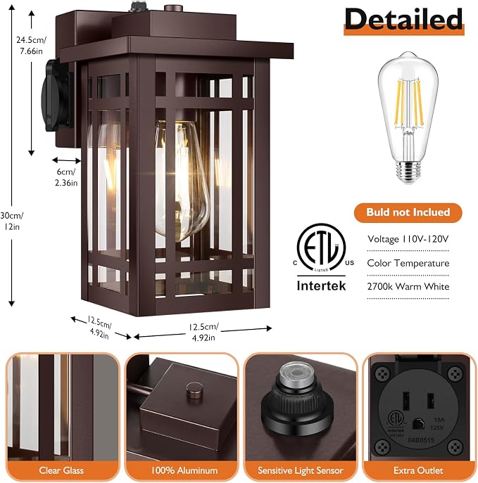 2-Pack Outdoor Porch Lights with Outlet,Dusk to Dawn Modern Outdoor Wall Lights Exterior Lighting Fixtures Waterproof,Orb Bronze Outside Light for House Patio Garage Hallway