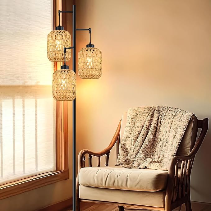 QIYIZM Floor Lamp for Living Room,Bedroom,Boho Rattan Tree 3 Lights Farmhouse Floor Lights,Industrial Black Standing Lamp Wicker Rustic Tall Lamp,Woven Bamboo LampShade Floor Lamps Bohemian