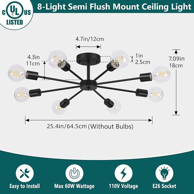 Lomoky 8-Lights Semi Flush Mount Ceiling Light, Matte Black Hallway Ceiling Lighting with E26 Base, Modern Sputnik Light Fixtures for Kitchen Dining Room Bedroom Living Room