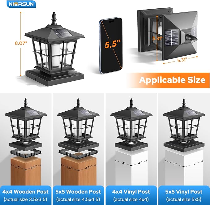 4x4 Post Solar Lights, Solar Post Lights Flame Light, 4 Pack Black | Solar Post Cap Lights, 4x4 Post Caps & 5x5 Wood Vinyl, IP64 Waterproof Fence Post Solar Lights Outdoor,Solar Deck Post Lights