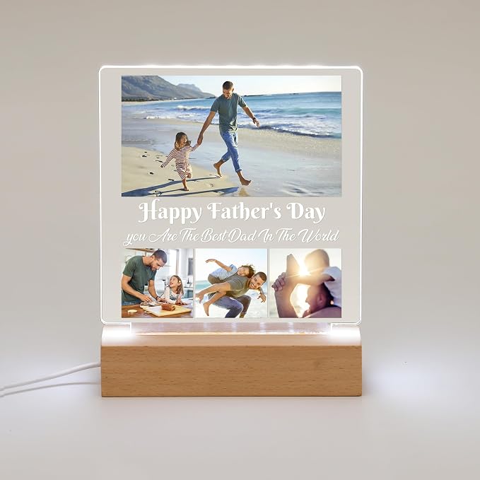 WSYEAR Customized Fathers Day Birthday Gifts for Dad from Wife Daughter Custom Dad Gifts from Son Kids Personalized Acrylic Plaque Printed with Photos LED Night Light Gifts for Papa Daddy