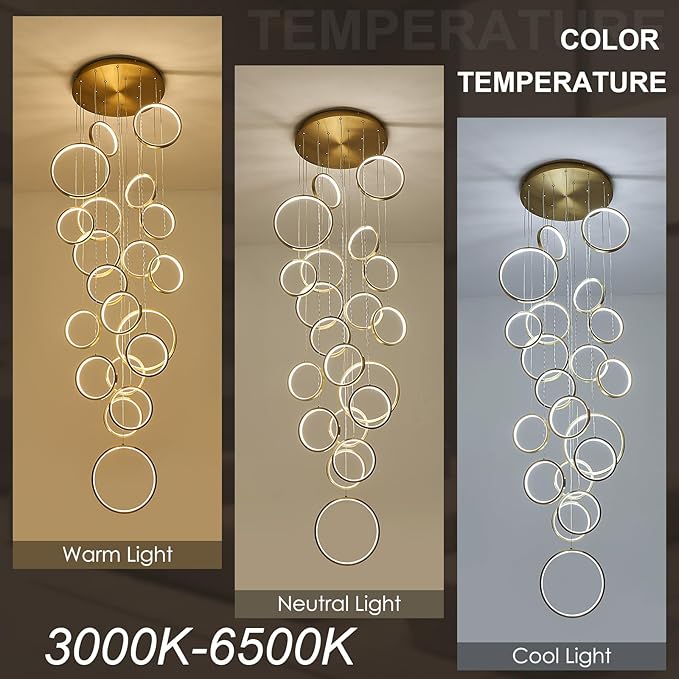 20 Ring High Ceiling Chandelier Foyer, Gold Modern LED Large Staircase Long Chandeliers Light Fixture with Remote for Staircase Entryway Living Room Dining Room(118in, 3000K-6500K)