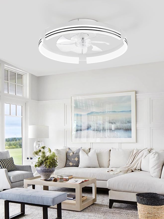 ZMISHIBO Low Profile Ceiling Fans with Lights and Remote, 20 “ White | 3000K-6000K Dimmable Fandelier LED, Flush Mount, 6 Wind Speeds, Reversible, Timer, Bedroom, Living Room, Kitchen, Kids Room