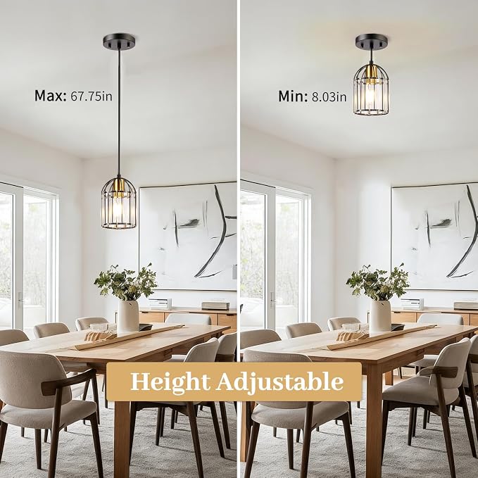 TALOYA Pendant Lights Kitchen Island Black, Crystal Pendant Light Modern for Dining Room, Height Adjustable Chandelier Hanging Island Light Fixtures for Kitchen Hallway(Bulb Not Included)