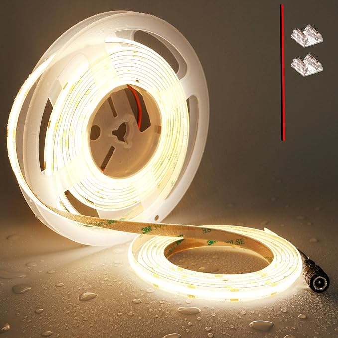 TOPAI 12V COB LED Strip 3000K Warm White 16.4ft Dotless IP65 Waterproof | High Density 480LEDs/M, CRI>90 4000Lm, Cuttable, Flexible, Self Adhesive Easy Install for Bedroom, Cabinet