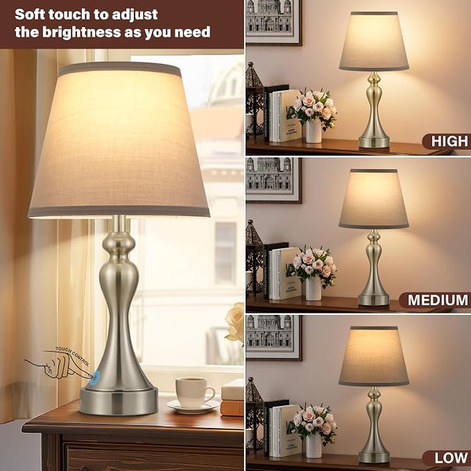 Touch Lamps for Nightstand, 3 Way Dimmable Bedside Lamps with USB C+A Ports | Touch Control, LED Bulb Included, Small Silver Table Lamp for Bedroom, Night Stands, End Table, Gift，Corded，Grey Shade
