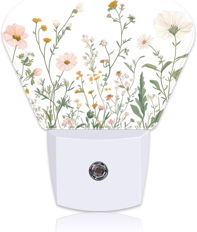 Wildflowers Plug in Night Lights, Watercolor Colorful Wildflowers Nightlight Plug Into Wall Dusk to Dawn Sensor for Kid Girls Boys Women Men Room, Hallway, Kitchen, Bathroom, Stairs Decor