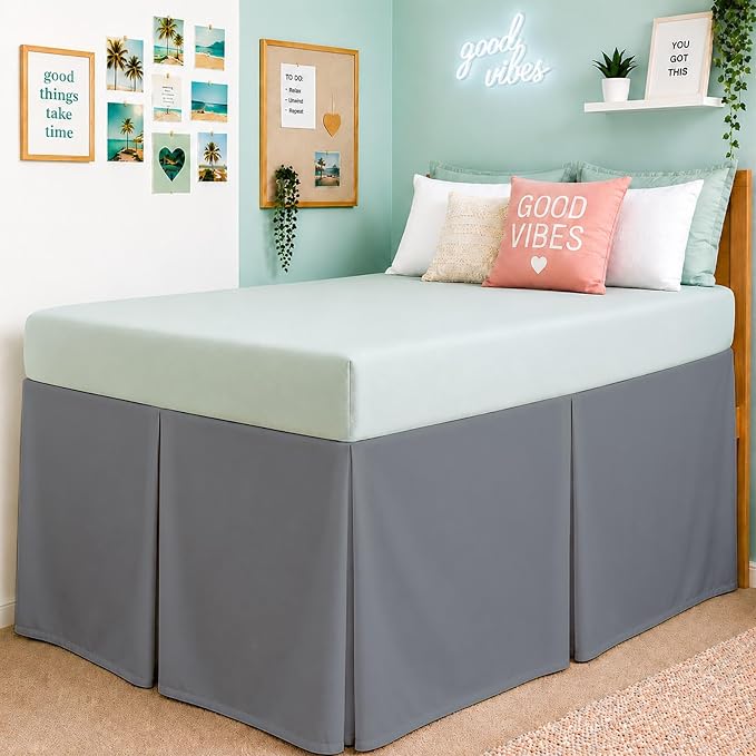 Cottington Lane Tailored Box Pleated College Dorm Bed Skirt Twin XL, Hotel Quality Premium Brushed Microfiber Extra Long Bedskirt Twin XL 32 Inch Drop, Dark Grey Dorm Bedding
