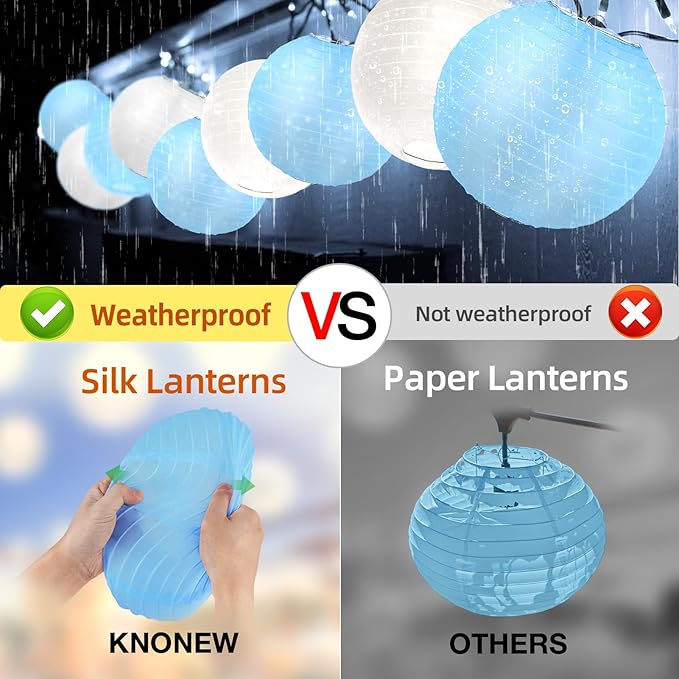 KNONEW 10 Pack White Outdoor Silk Lanterns Decorative, 10inch Waterprooof Outside Indoor Chinese Hanging Round Lanterns for Weddings, Birthdays, Parties Decoration (Blue and White)