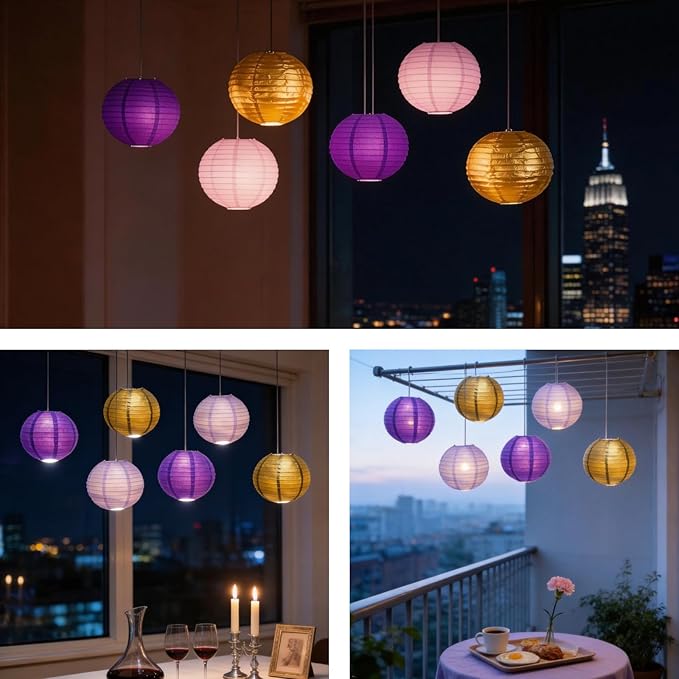 Chinese Paper Lanterns - Pack of 10, 10-Inch Purple/Gold Hanging Lights for Birthday Party Decorations, Ceiling Decor, Rainbow Classroom, Wedding, and Home Party