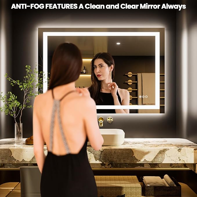 LOAAO 50"X36" LED Bathroom Mirror with Lights | Anti-Fog, Dimmable, 3 Color Temperature, Backlit + Front Lit, Memory Function, Tempered Glass, UL Listed
