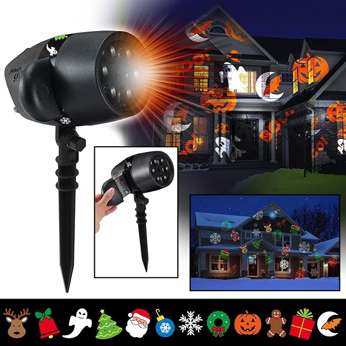Star Shower Slide Show Full Color Projector Multi Purpose with 4 Christmas & 2 Halloween Slides Included. Weather-Resistant, Decorate for Holidays Quick & Easy.