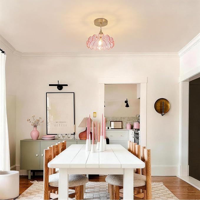Shenmoyl Pendant Light with Pink Scindapsus Glass Lmapshade, Brass Vintage Pendant Light Adjustable Hanging Light for Kitchen Island Dining Room Hallway