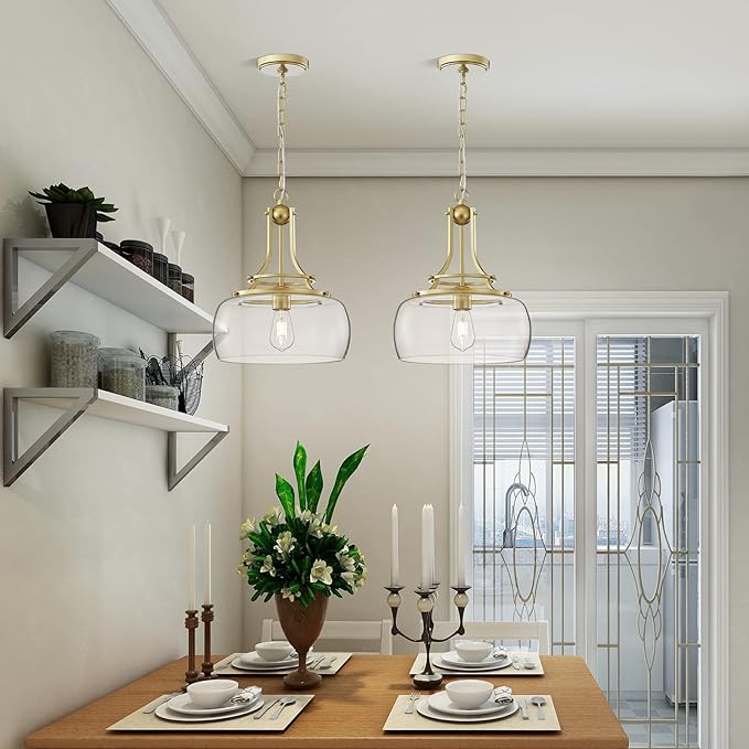 WUZUPS Chandelier Rustic Farmhouse Industrial Round Ceiling Pendant LED Light Fixture with Clear Glass Shades for Dining Room Kitchen Island Foyer Entryway, H 17" x W 13.4", E26 Base, Gold