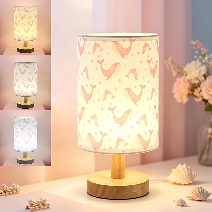 Whale Kids Table Lamp for Bedroom,Kids Bedside Lamps 3 Colors Dimmable Nightstand Night Light with Cartoon Flaxen Fabric Shade Desk Lamp for Girls Boys Room Nursery Ocean Decor,Birthday Kids Gift