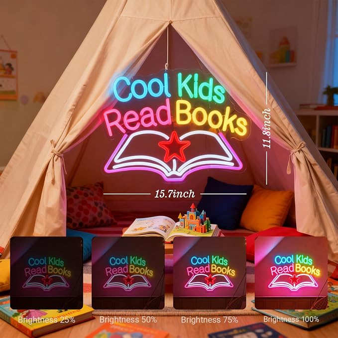 Cool Kids Read Books Neon Sign - Classroom Reading Corner Decor | 15.7"x11.8" Book-Shaped Light with Dimmer, 6.5ft USB Powered, Hanging Chain Included, Night Reading Lamp