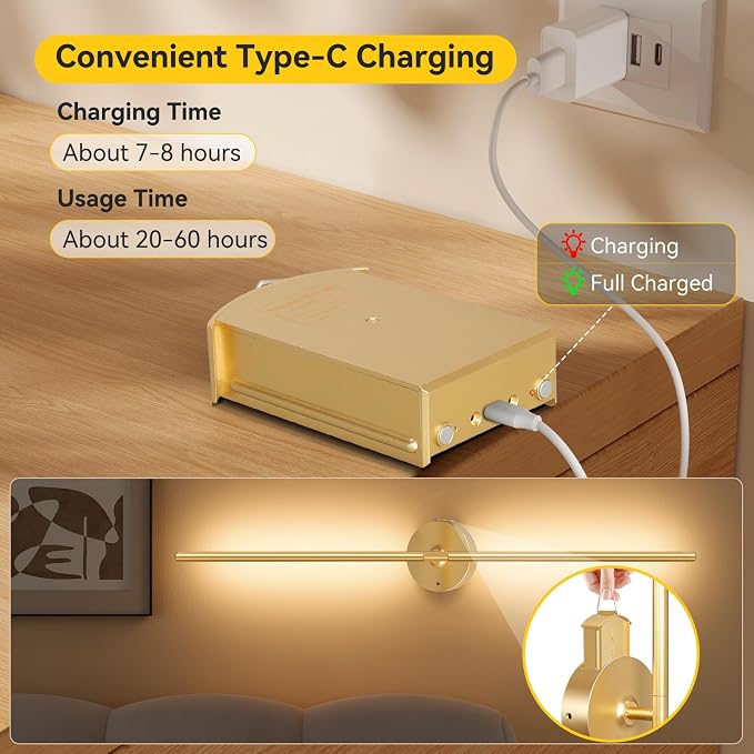 Battery Operated Wall Sconces Set of 2, 8000mAh Wireless Rechargeable 3000-6000K Dimmable 350° Rotate Wall Light with Remote for Living Room, Bedroom 31.6in Gold
