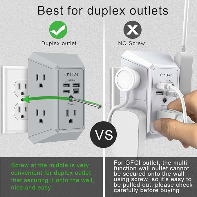 USB Wall Charger, Surge Protector, QINLIANF 5 Outlet Extender with 4 USB Charging Ports(3U1C) 3-Sided 1680J Power Strip Multi Plug Outlets Wall Adapter Spaced for Home Travel Office, Grey
