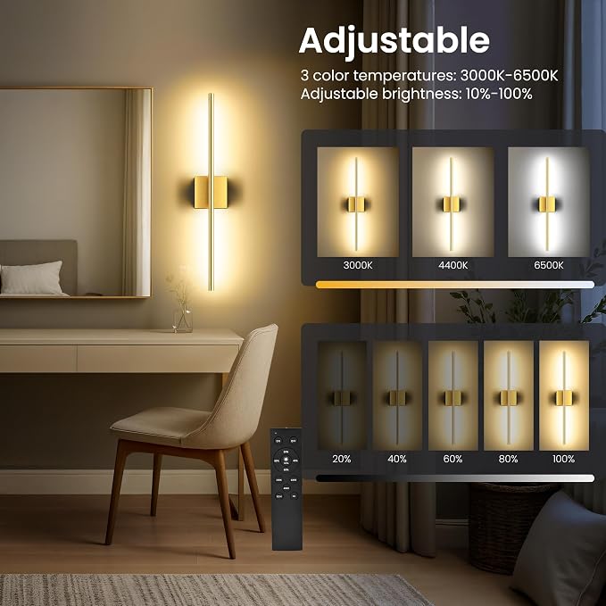 10000mAh Battery Operated Wall Sconces Set of 2, Gold, 29 Inch, 3CCT | Renter Friendly, Rechargeable Wall Lights, Remote Control, 360° Rotate, Dimmable, LED Cordless Lights for Bedroom Living Room