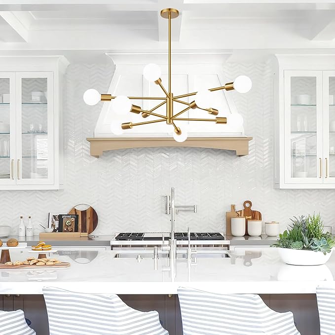 Sputnik Chandeliers Dining Room Light Fixture (10-Light, 32-Inch), Modern Brushed Gold Chandelier, Height Adjustable Mid Century Modern Chandeliers for Bedroom Kitchen Entryway (Bulbs Not Included)