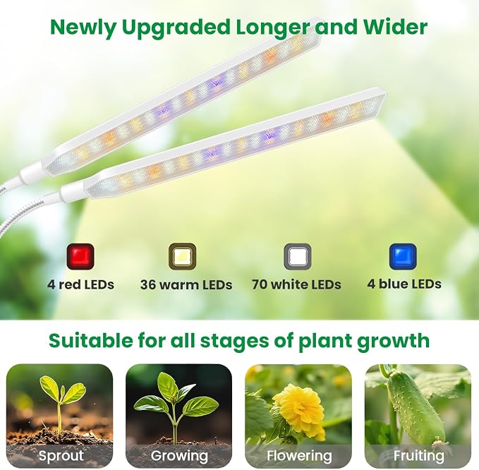 Aumtrly Plant Lights for Indoor Growing, 2 Head White Clip on Grow Lamp | 114 LED Full Spectrum, for Seed Starting, 6/12/16H Timer, 5 Dimming, 3 Light Modes, Flexible Gooseneck, Use Desk and Shelves