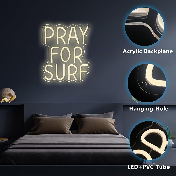 Pray for Surf Neon Signs for Wall Decor,Dimmable Beach Ocean Lovers Surf Sign,USB Powered Neon Light Signs for Surfer Man Cave Bedroom Teens Boys Girls Gifts (White)