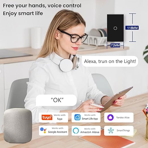 WiFi Smart Light Switch,1-Button Single Gang 2.4GHz Wi-Fi Touch Switch, Neutral Wire Required,Work with Smart Life/Tuya App and Alexa,Black