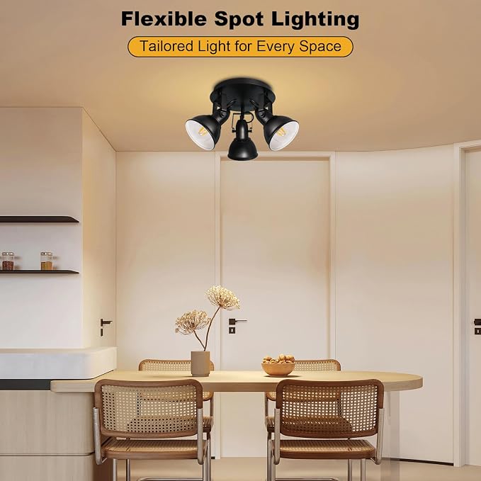 HiBay Ceiling Light Fixtures, 3-Lights Adjustable LED Spotlight Black | Industrial Track Lighting with Round Plate for Kitchen, Living Room, Office, E26 Base, Black (Bulbs Not Included)