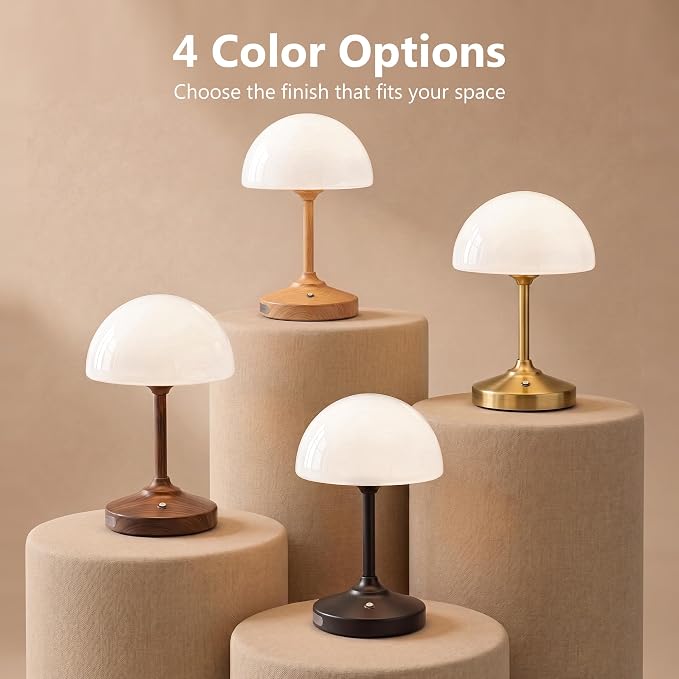 Table Lamp Cordless Lamp,5000mAh Rechargeble Battery Operated Lamp | Small Bedside Desk Lamp 11.02" with Glass Shade 3-Way Dimmable Portable LED Table Light,for Outdoor,Dinner,Patio(Wood Grain)