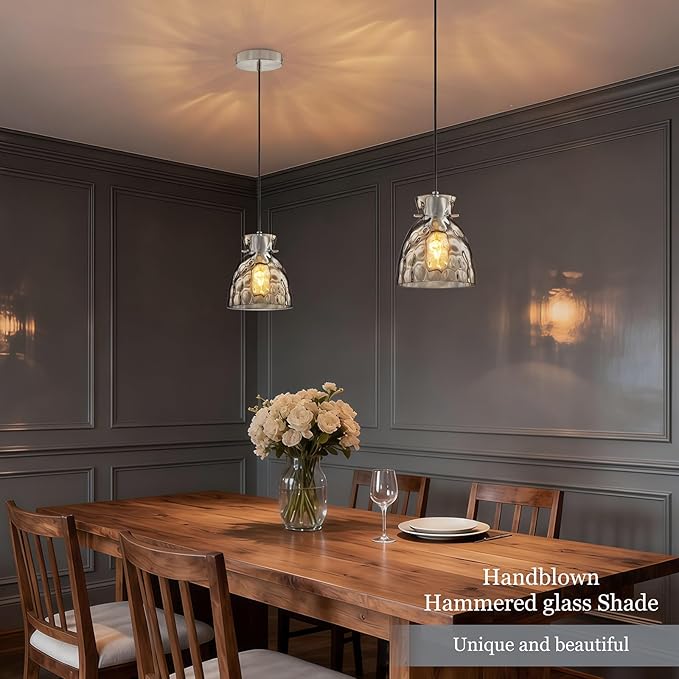 Hammered Glass Pendant Lights Kitchen Island, 5.9“ Small Brushed Nickel Pendant Light Fixtures, Adjustable Modern Hanging Lights Kitchen Pendant Lighting over Island Sink Bathroom Dining Room Bedroom