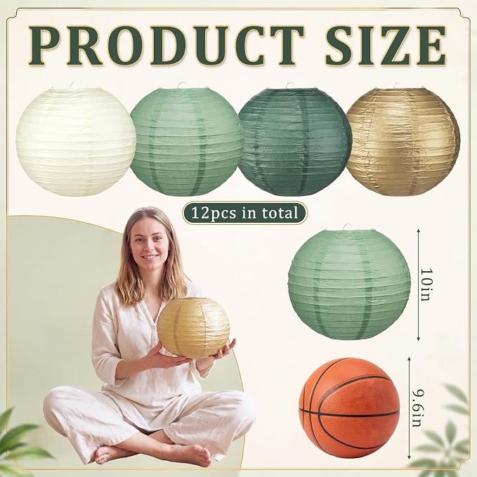 12 Pcs 10" Golg Greem Boho Paper Lanterns Party Classroom Decor