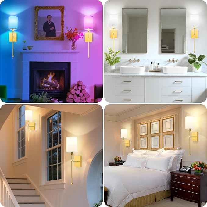 Battery Operated Wall Sconces Set of 2, Rechargeable Sconces with Remote | Gold Wall Lights with White Fabric Shade, Dimmable Wireless Wall Lamp with RGBWW Bulbs for Bedroom Living Room Hallway Decor