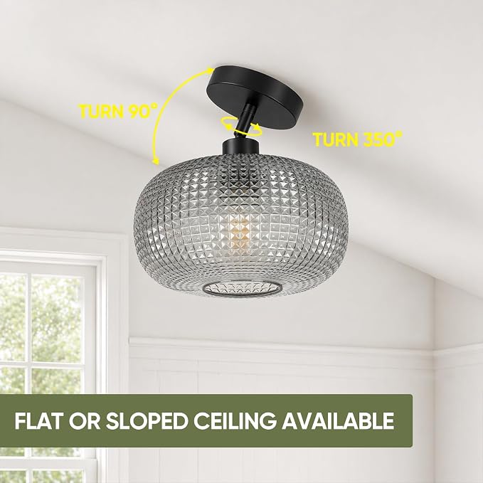 ROTTOGOON Semi Flush Mount Ceiling Light, Adjustable Hanging Sloped Ceiling Lights with Smoky Gray Glass Shade Modern Hallway Light Fixtures for Kitchen Bathroom Entryway Bedroom (Bulb Not Included)