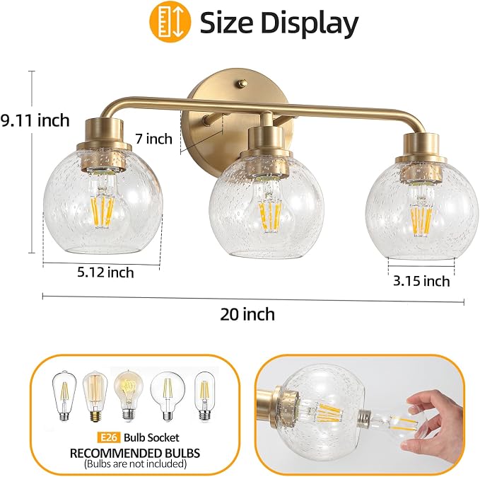 Bathroom Light Fixtures Gold Vanity Light 3 Light Brushed Brass | Wall Sconces Lighting with Seeded Globe Glass Shades Bath Wall Lamp for Mirror Kitchen Living Room Bedroom Hallway