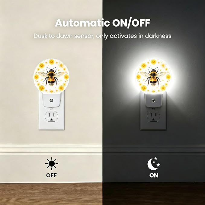 Nightlight Honey Bee Plug-in Night Lights Dusk to Dawn | Sweet Yellow Night Light LED Round Lamp with Auto on/off Sensor for Kitchen Hallway Bedroom Bathroom