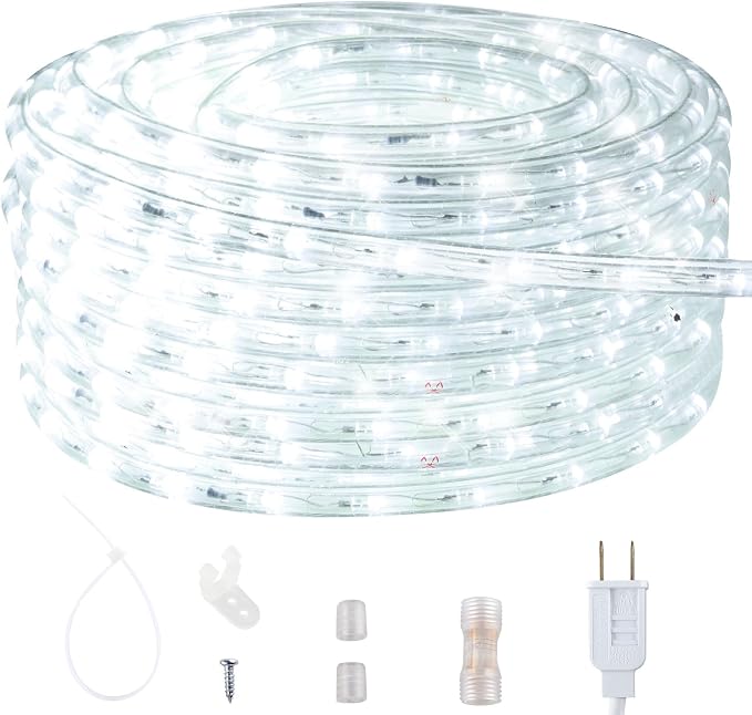 LED Rope Light, IP65 Tube Light for Christmas Patio Trees Decor, 59FT 6000K | Waterproof Clear Tube Light Plug in, 648 Daylight White LEDs 110V Flexible Cuttable Connectable for Outdoor Balcony Bedroom