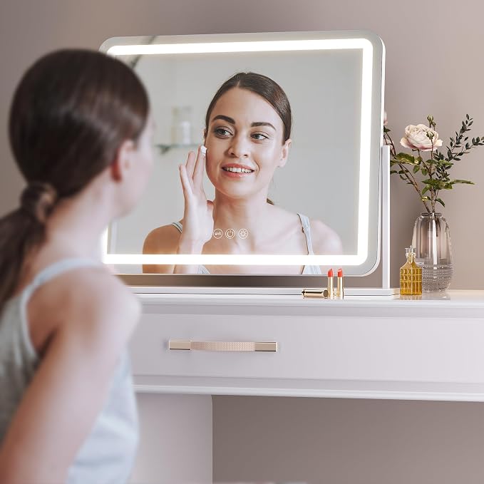 Hasipu Vanity Mirror with Lights, 24" x 20" LED Makeup Mirror, Light up Mirror with Smart Touch 3 Colors Dimmable, Brightness Adjustment, 360° Rotation (White)