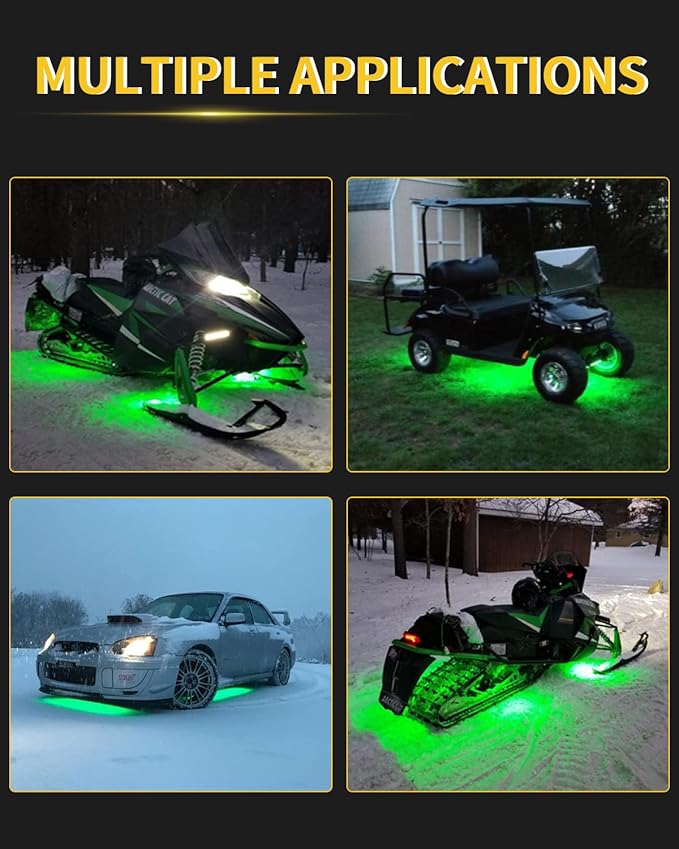 YM E-Bright Green Led Strip Lights for Cars, 10.6 inch 27CM 5050 15 SMD Waterproof Car Underglow Lights Motorcycles Boat Decoration Led Interior Exterior Lights Strip,DC-12V, Pack of 4