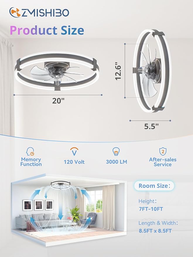 ZMISHIBO 20" RGB Low Profile Ceiling Fans with Lights and Remote, Grey | Custom RGB+3CCT Dimmable, 6 Speeds, Remote/App Control, Reversible DC Motor, Memory, Timer, Modern Fandelier for Kids/Bedroom